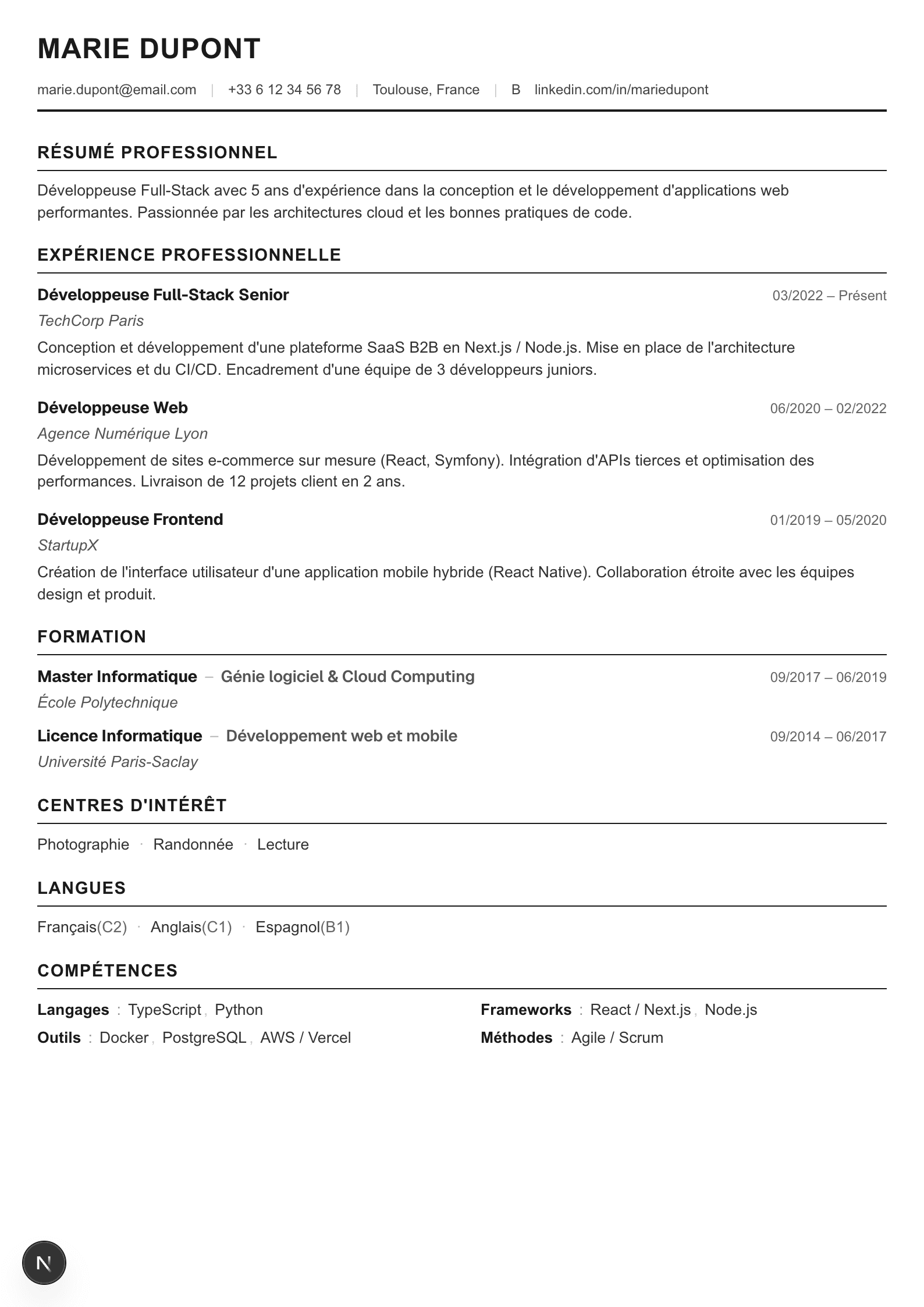 Modèle de CV Modern Clean — aperçu
