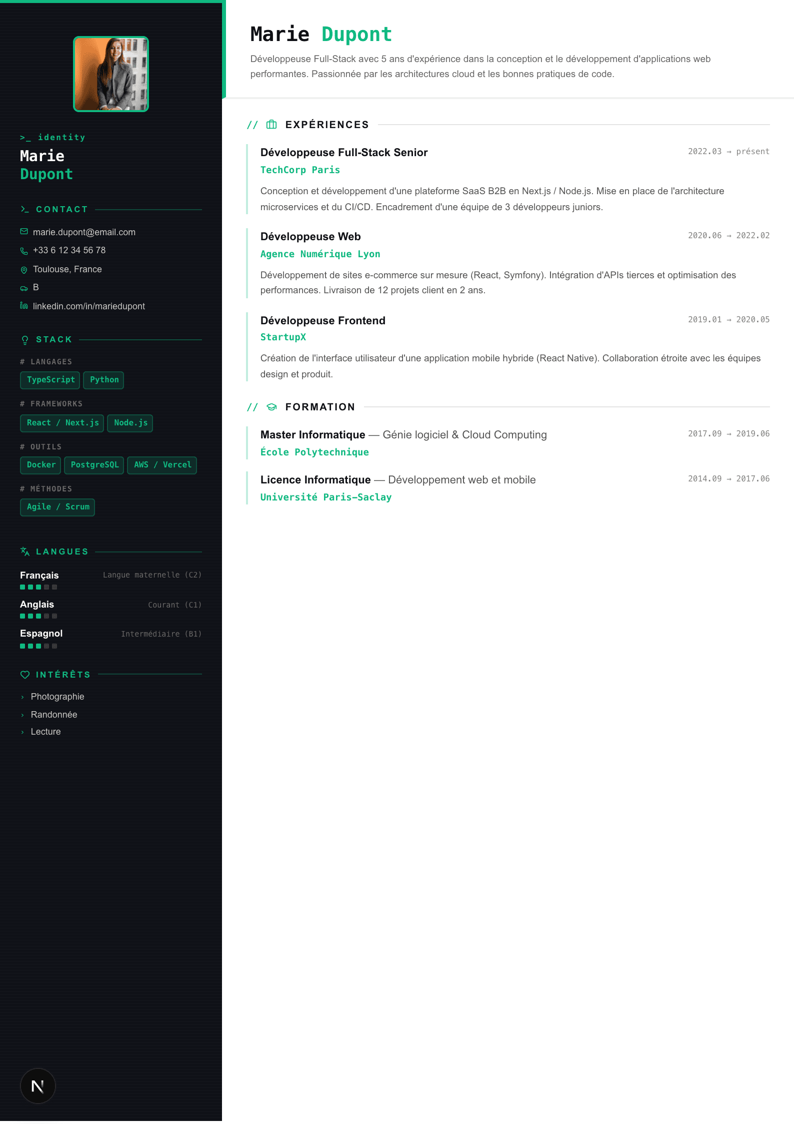 Modèle de CV Tech / Dev — aperçu